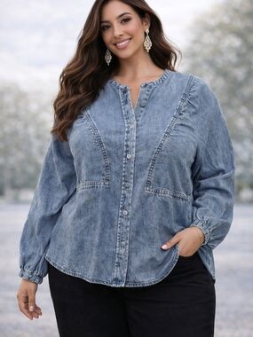 Me by Jennie Garth Denim Blouse Women XS Button Front Long Sleeve Lightweight Ch